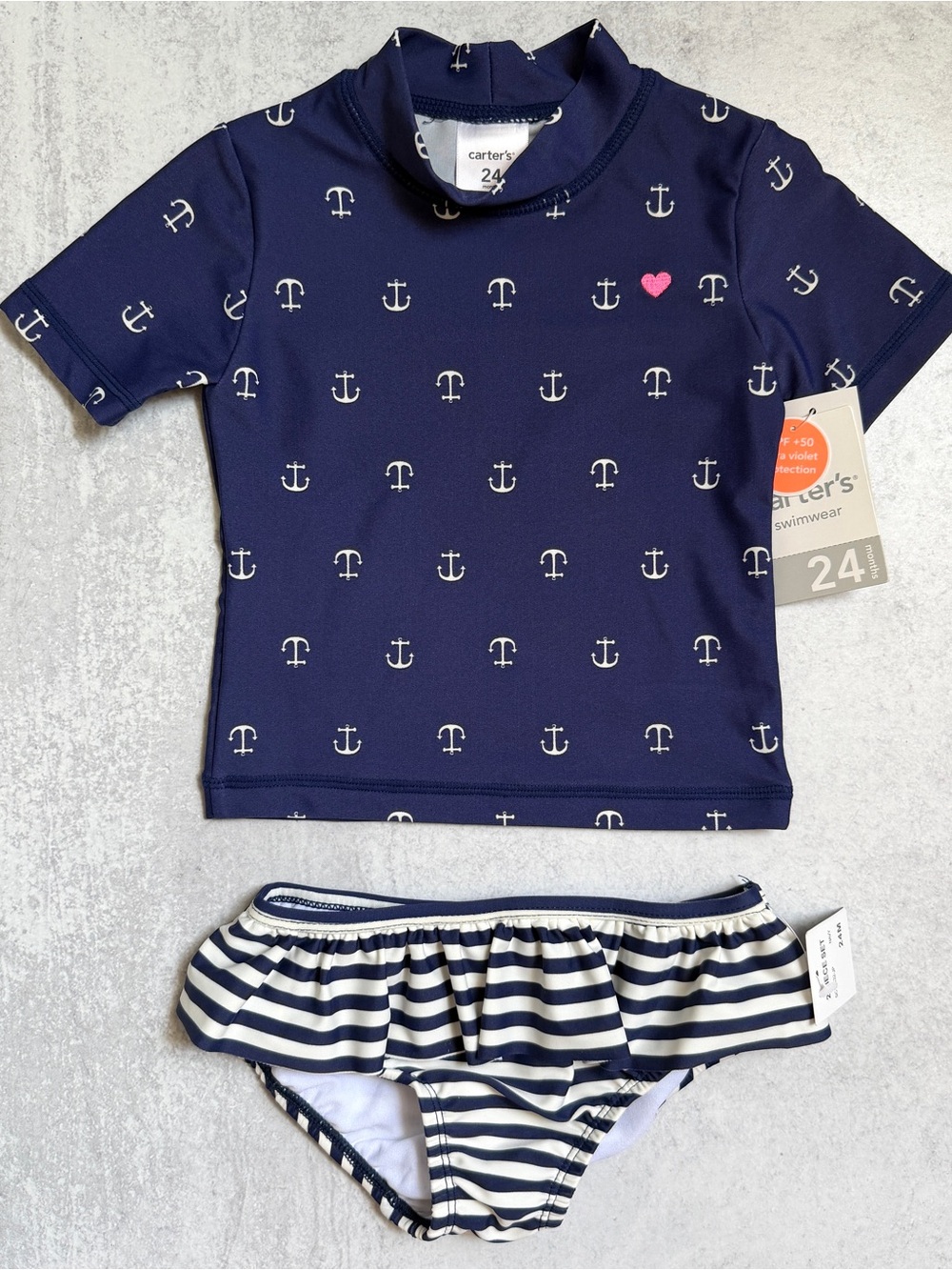 🩷24M⚓️ NWT Carter's Navy Anchor Rash Guard Swimsuit Set w Striped Ruffle Bottoms